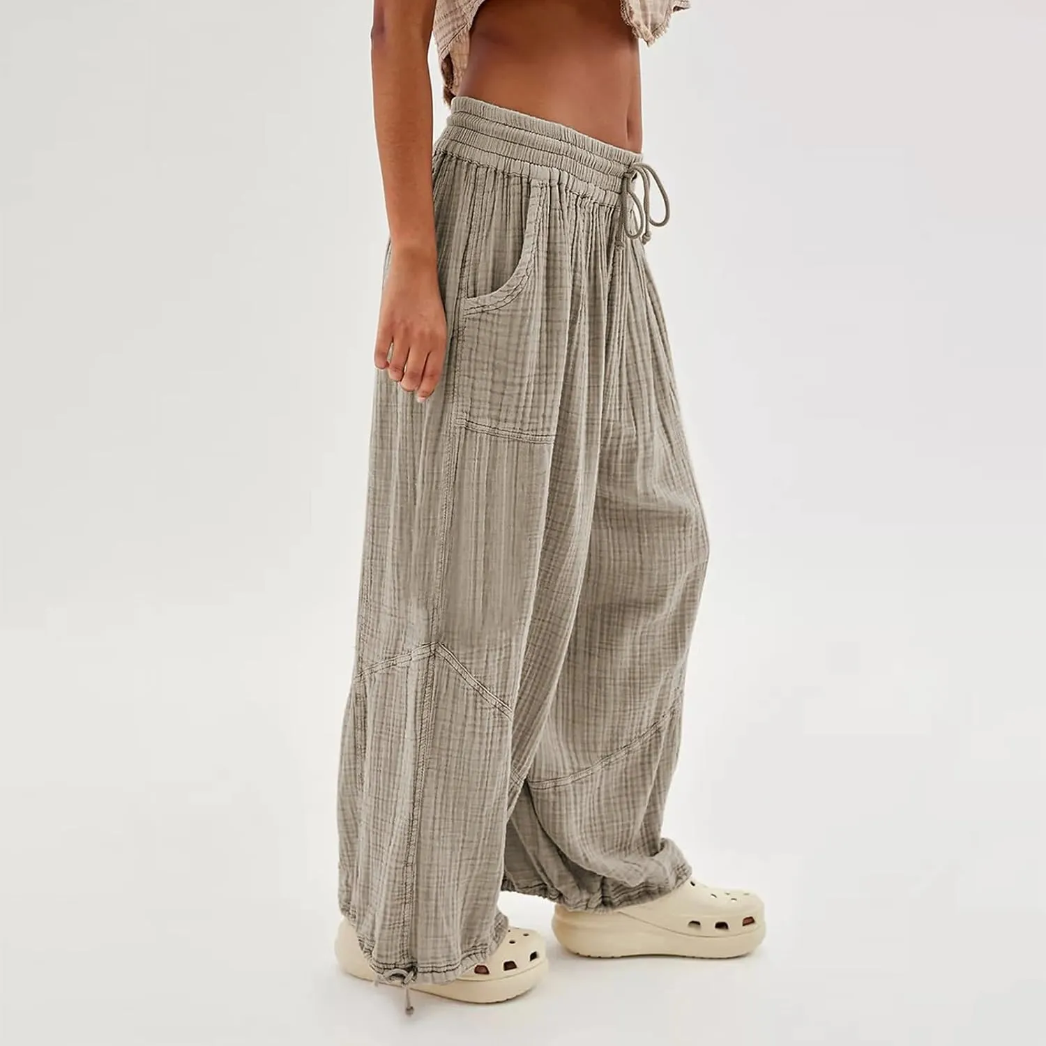 Litetao Linen Pants Women Summer Short Womens Casual Elastic Drawstring Pants Straight Trousers with Pockets Cargo Pants
