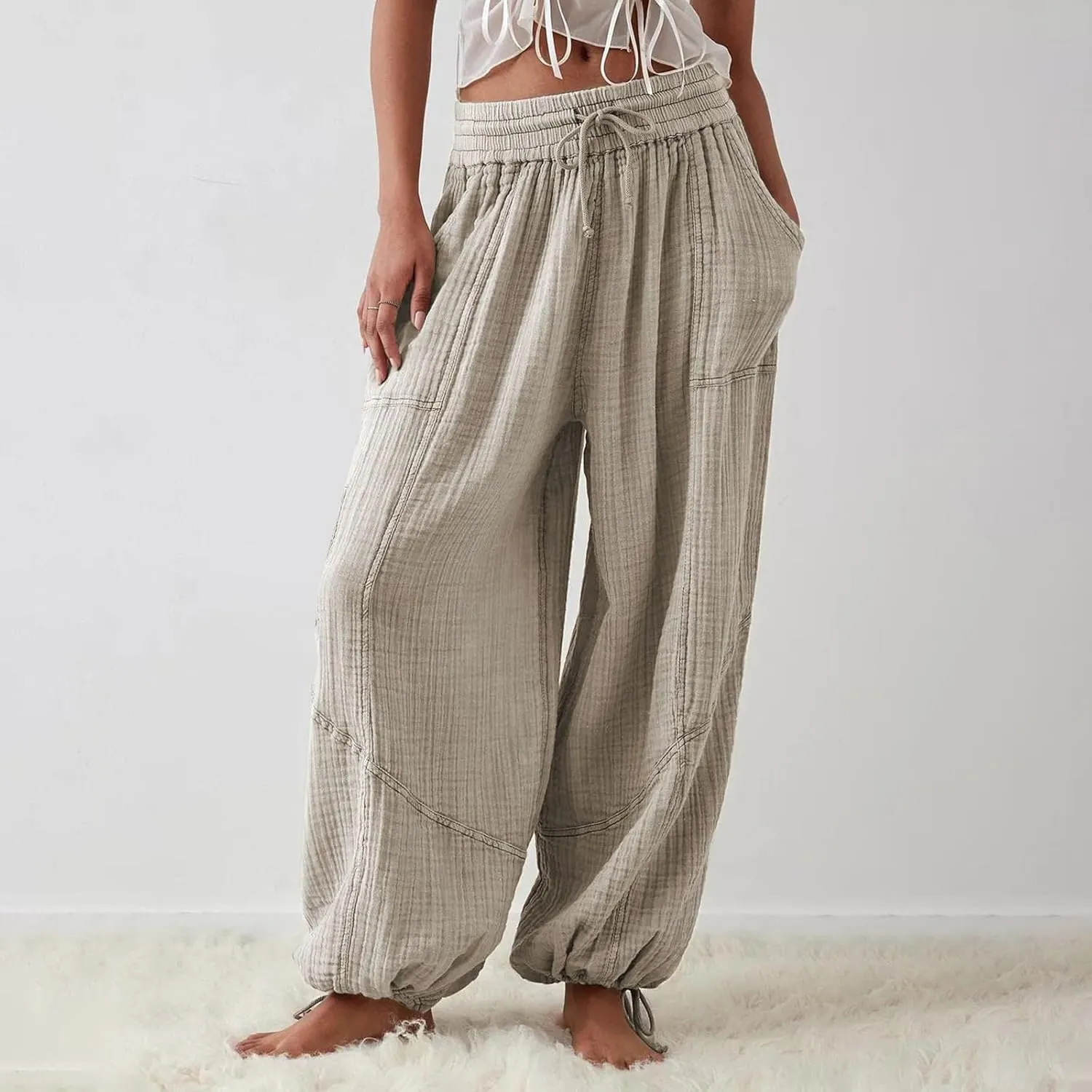 Litetao Linen Pants Women Summer Short Womens Casual Elastic Drawstring Pants Straight Trousers with Pockets Cargo Pants