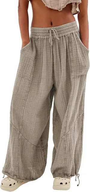 Litetao Linen Pants Women Summer Short Womens Casual Elastic Drawstring Pants Straight Trousers with Pockets Cargo Pants