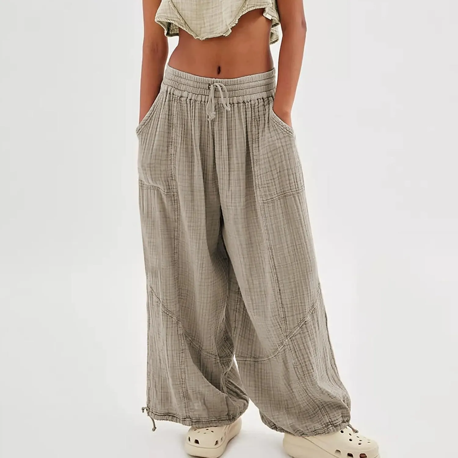 Litetao Linen Pants Women Summer Short Womens Casual Elastic Drawstring Pants Straight Trousers with Pockets Cargo Pants