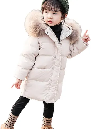 Little Girls Long Puffer Coat Toddler Fur Collar Winter Coat Lightweight Thicken Down Jacket Hooded Outerwear 2-7 Years