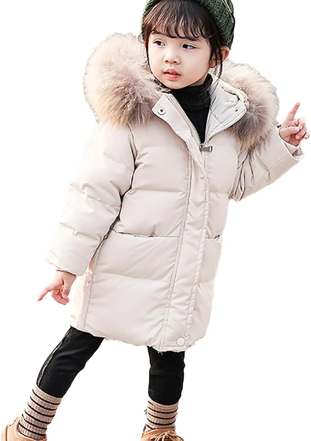 Little Girls Long Puffer Coat Toddler Fur Collar Winter Coat Lightweight Thicken Down Jacket Hooded Outerwear 2-7 Years