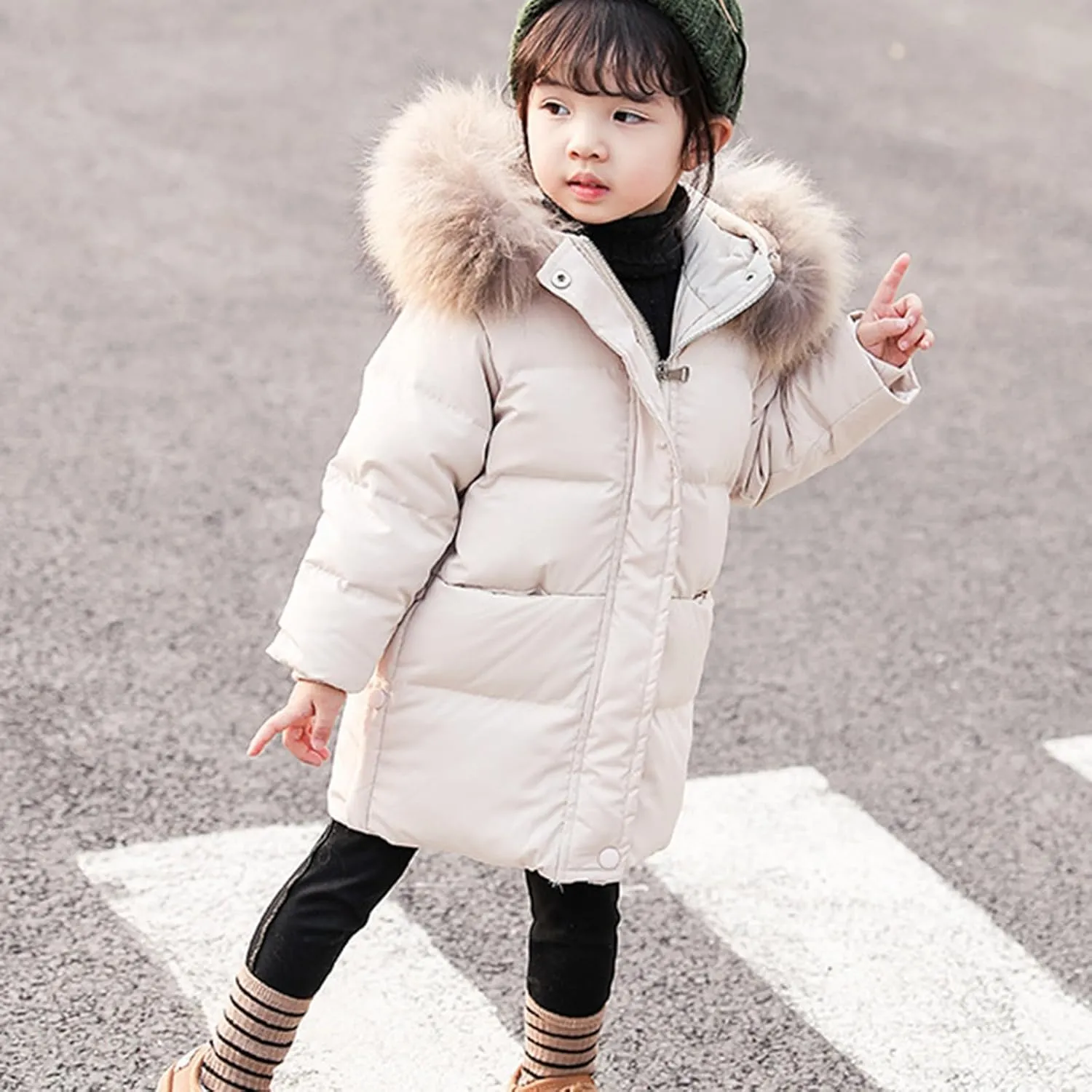 Little Girls Long Puffer Coat Toddler Fur Collar Winter Coat Lightweight Thicken Down Jacket Hooded Outerwear 2-7 Years