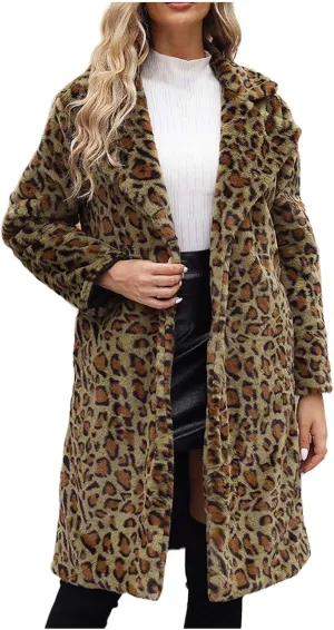 Lmdudan 2023 Winter Faux Fur Coat for Women Leopard Print Fleece Long Jacket Retro Lapel Warm Overcoat Plus Size Trench Coats