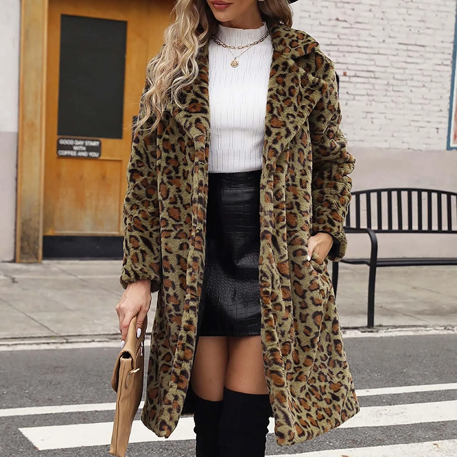 Lmdudan 2023 Winter Faux Fur Coat for Women Leopard Print Fleece Long Jacket Retro Lapel Warm Overcoat Plus Size Trench Coats