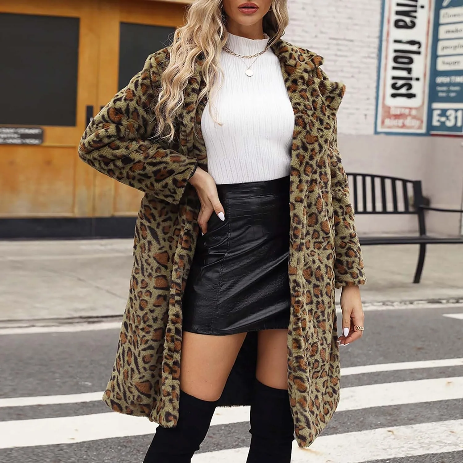 Lmdudan 2023 Winter Faux Fur Coat for Women Leopard Print Fleece Long Jacket Retro Lapel Warm Overcoat Plus Size Trench Coats