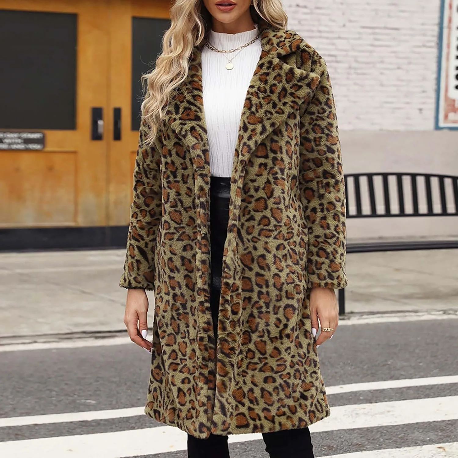 Lmdudan 2023 Winter Faux Fur Coat for Women Leopard Print Fleece Long Jacket Retro Lapel Warm Overcoat Plus Size Trench Coats