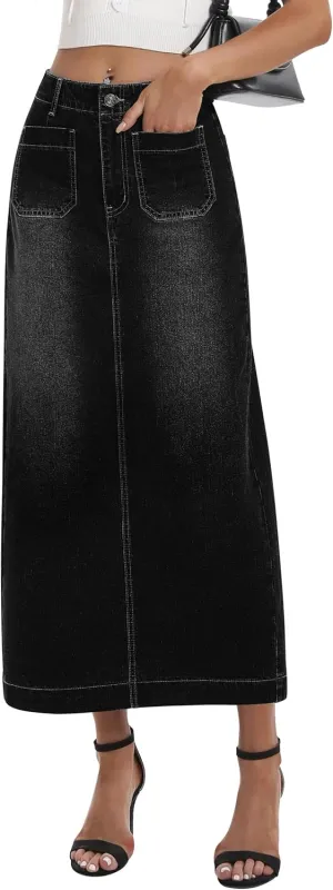 Long Denim Skirt for Women Stretch Maxi Skirt with Back Slit High Waisted Pencil Jean Skirt with Pockets Casual