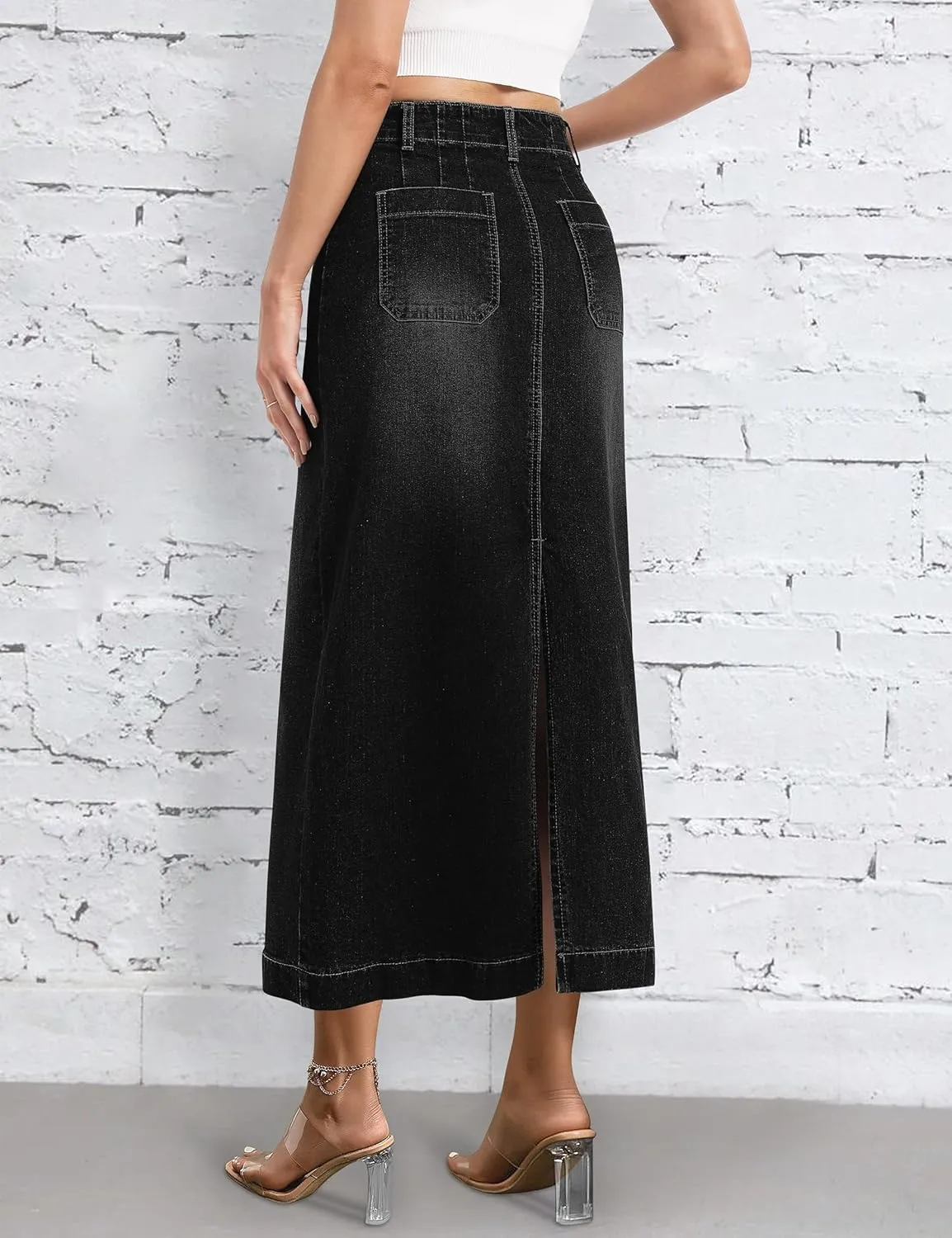 Long Denim Skirt for Women Stretch Maxi Skirt with Back Slit High Waisted Pencil Jean Skirt with Pockets Casual