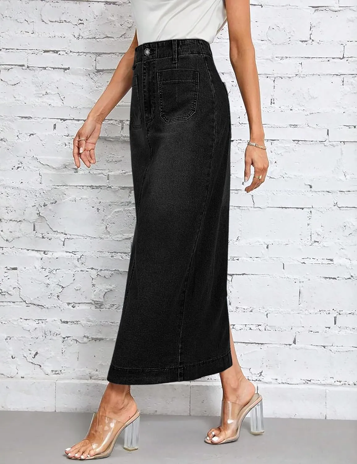 Long Denim Skirt for Women Stretch Maxi Skirt with Back Slit High Waisted Pencil Jean Skirt with Pockets Casual