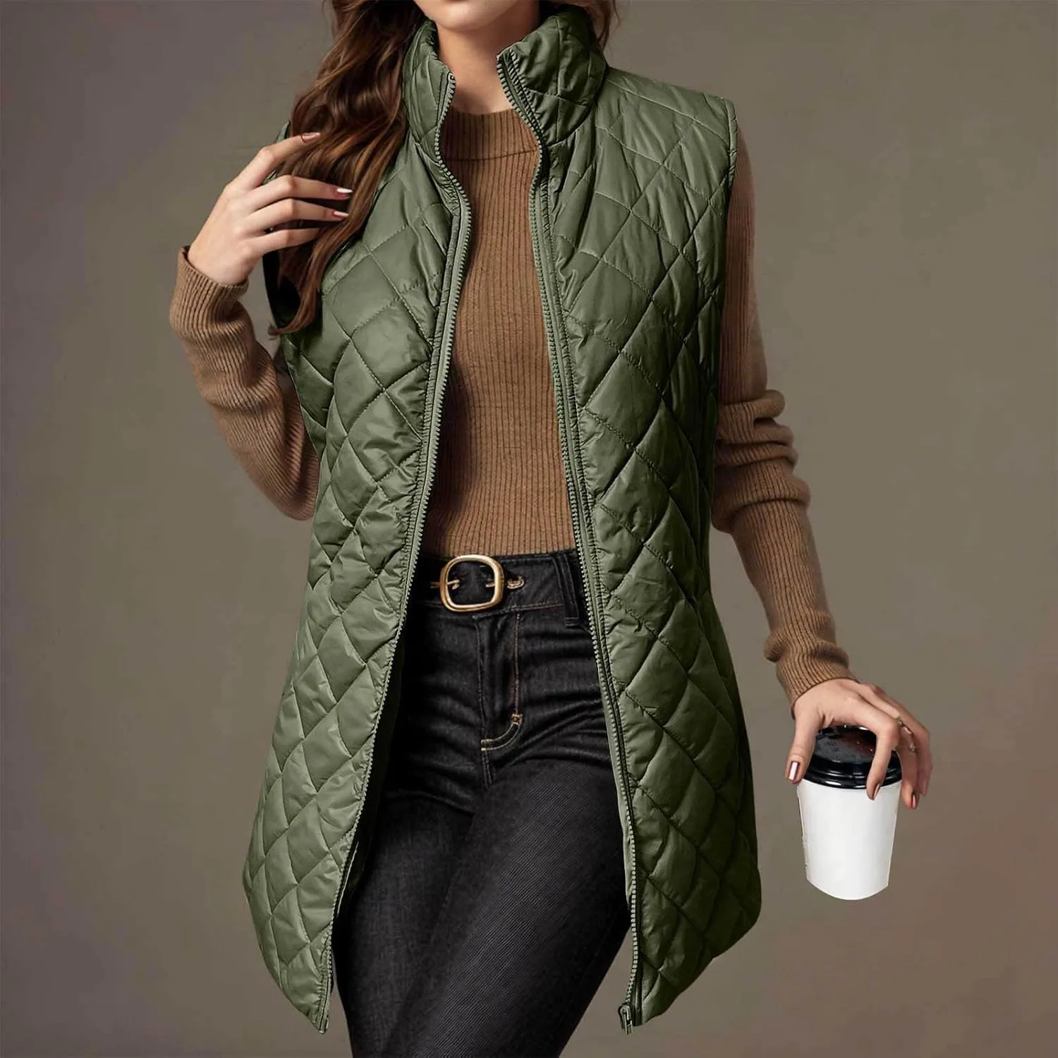 Long Puffer Vest Womens Winter Ultra Light Quilted Long Down Vest Stand Collar Full Zip Pockets Black Outerwear Vest