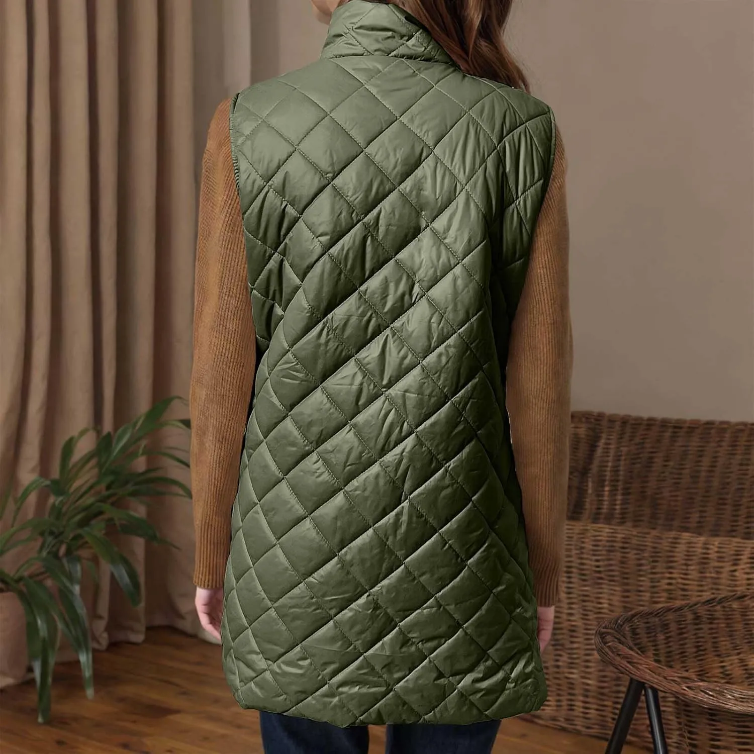 Long Puffer Vest Womens Winter Ultra Light Quilted Long Down Vest Stand Collar Full Zip Pockets Black Outerwear Vest