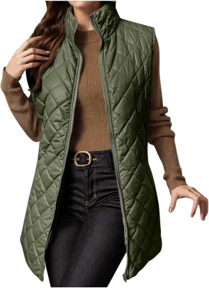 Long Puffer Vest Womens Winter Ultra Light Quilted Long Down Vest Stand Collar Full Zip Pockets Black Outerwear Vest