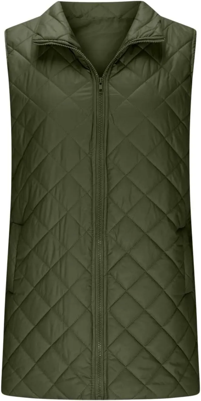 Long Puffer Vest Womens Winter Ultra Light Quilted Long Down Vest Stand Collar Full Zip Pockets Black Outerwear Vest