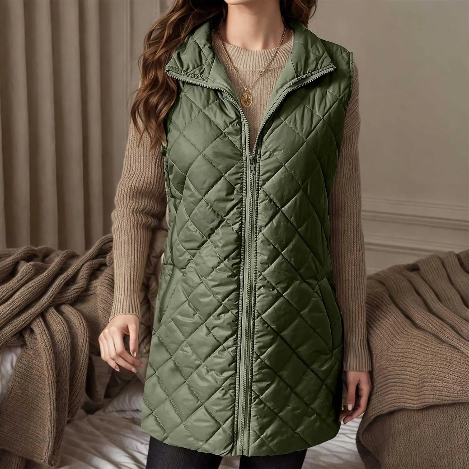 Long Puffer Vest Womens Winter Ultra Light Quilted Long Down Vest Stand Collar Full Zip Pockets Black Outerwear Vest