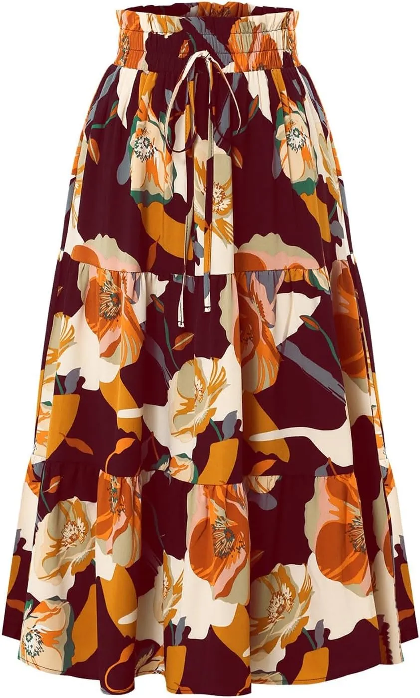 Long Skirts for Women Floral Drawstring Boho Tiered Maxi Skirt Beach A Line Midi Skirt Summer Bohemian Skirts