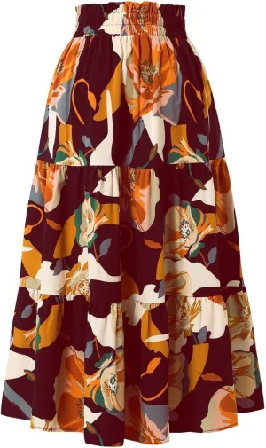Long Skirts for Women Floral Drawstring Boho Tiered Maxi Skirt Beach A Line Midi Skirt Summer Bohemian Skirts