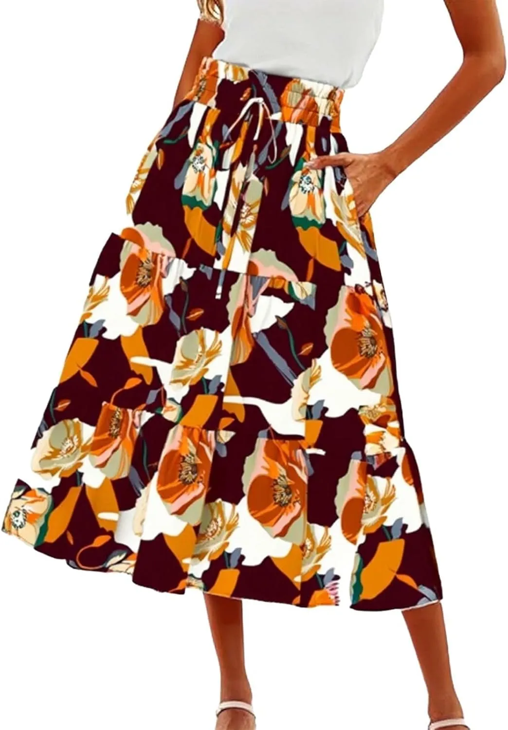 Long Skirts for Women Floral Drawstring Boho Tiered Maxi Skirt Beach A Line Midi Skirt Summer Bohemian Skirts