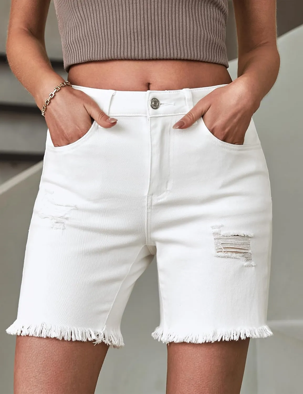 luvamia Jean Shorts for Women High Waisted Trendy Casual Distressed Stretchy Denim Long Shorts Ripped Raw Hem Shorts
