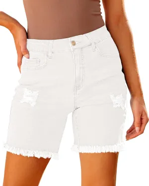 luvamia Jean Shorts for Women High Waisted Trendy Casual Distressed Stretchy Denim Long Shorts Ripped Raw Hem Shorts