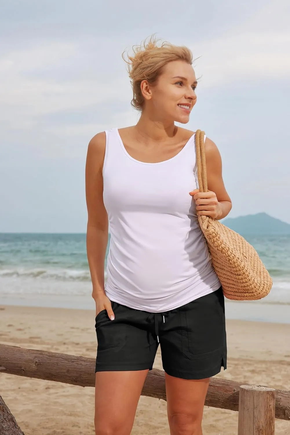 Maacie Maternity Cotton Shorts Casual Drawstring High Waist Shorts with Pockets