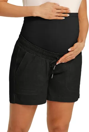 Maacie Maternity Cotton Shorts Casual Drawstring High Waist Shorts with Pockets