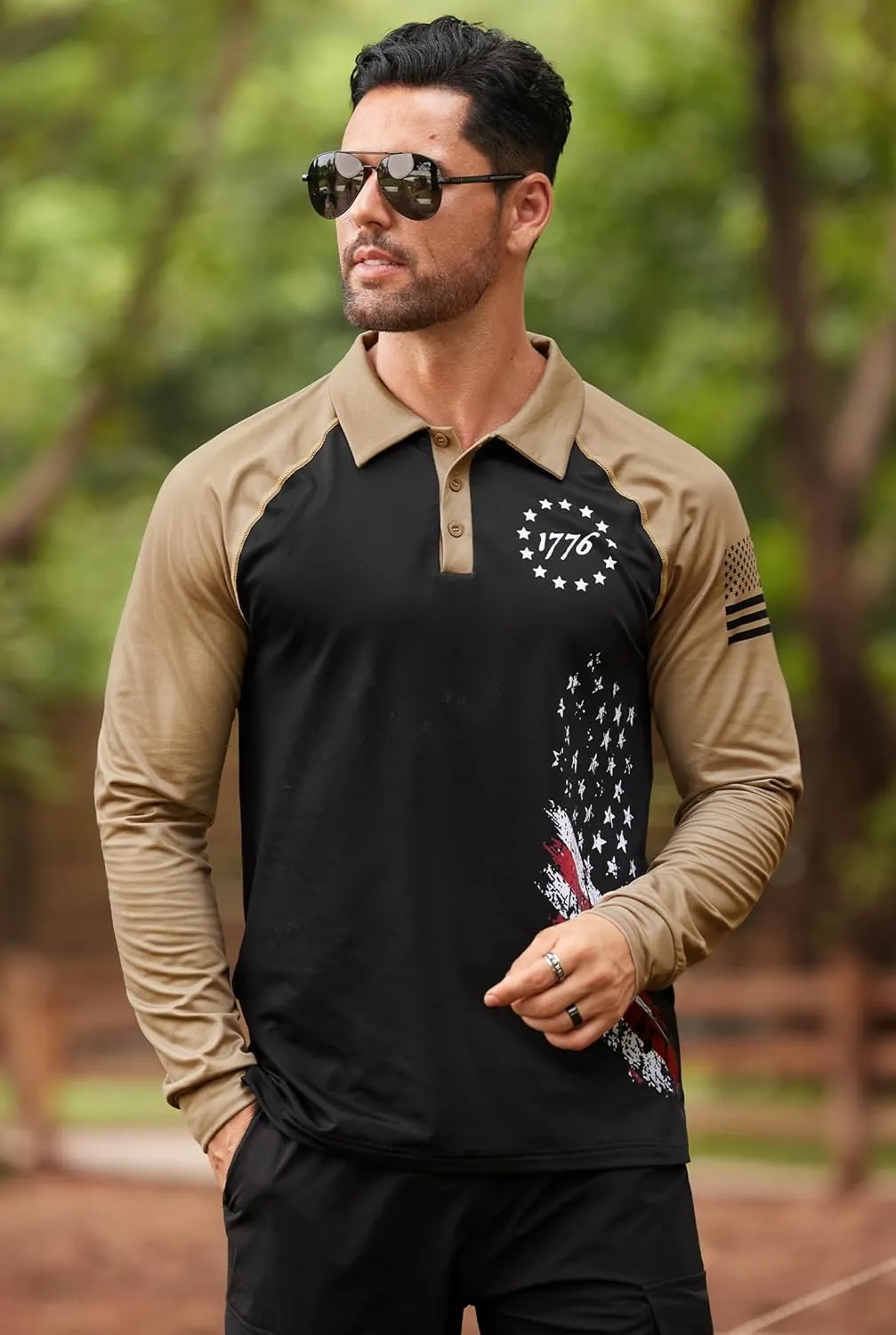 Mainfini Men's Long Sleeve 1776 Golf Shirt USA Flag Graphic Button Polo Shirt (S-3XL)