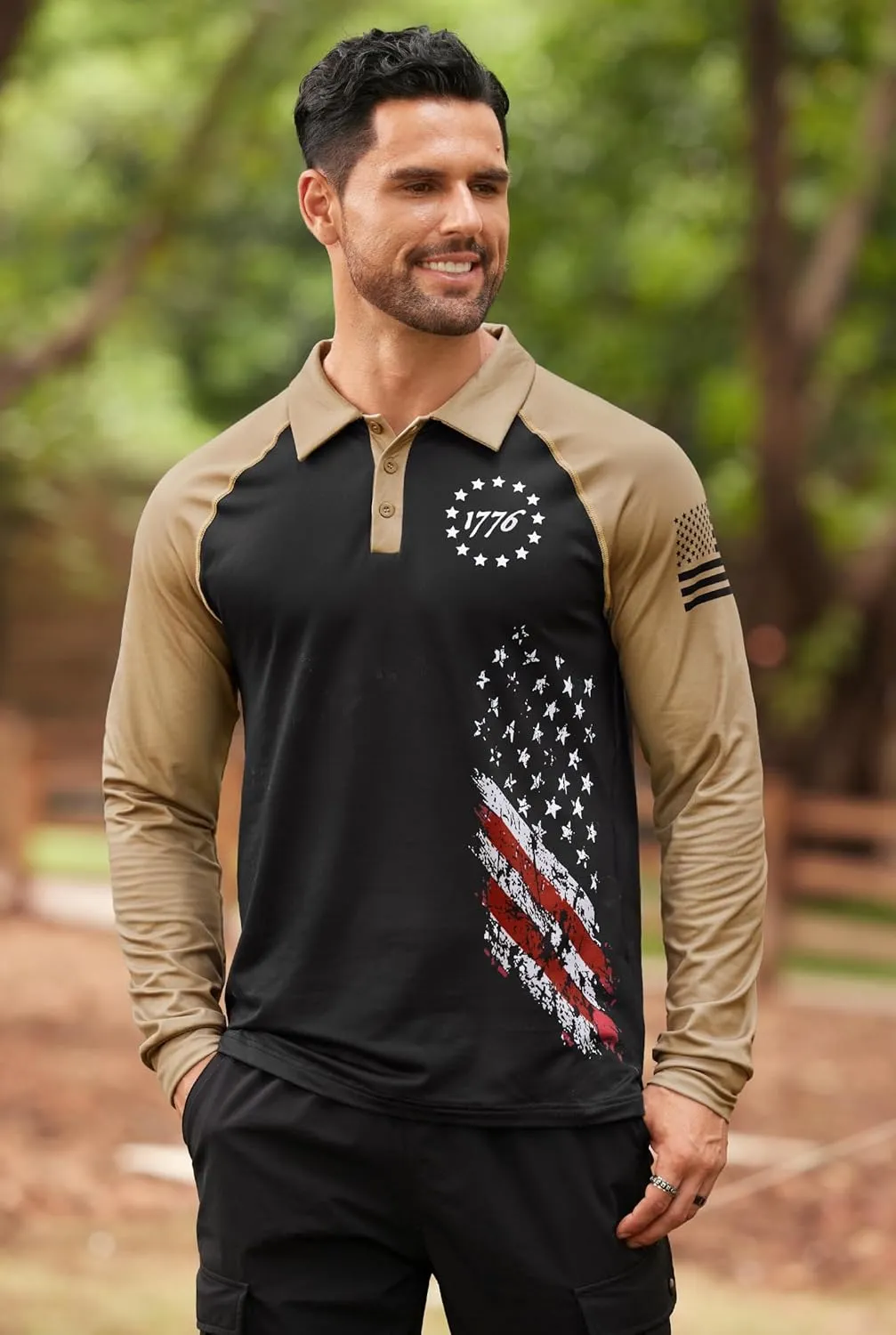 Mainfini Men's Long Sleeve 1776 Golf Shirt USA Flag Graphic Button Polo Shirt (S-3XL)