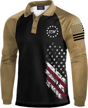 Mainfini Men's Long Sleeve 1776 Golf Shirt USA Flag Graphic Button Polo Shirt (S-3XL)