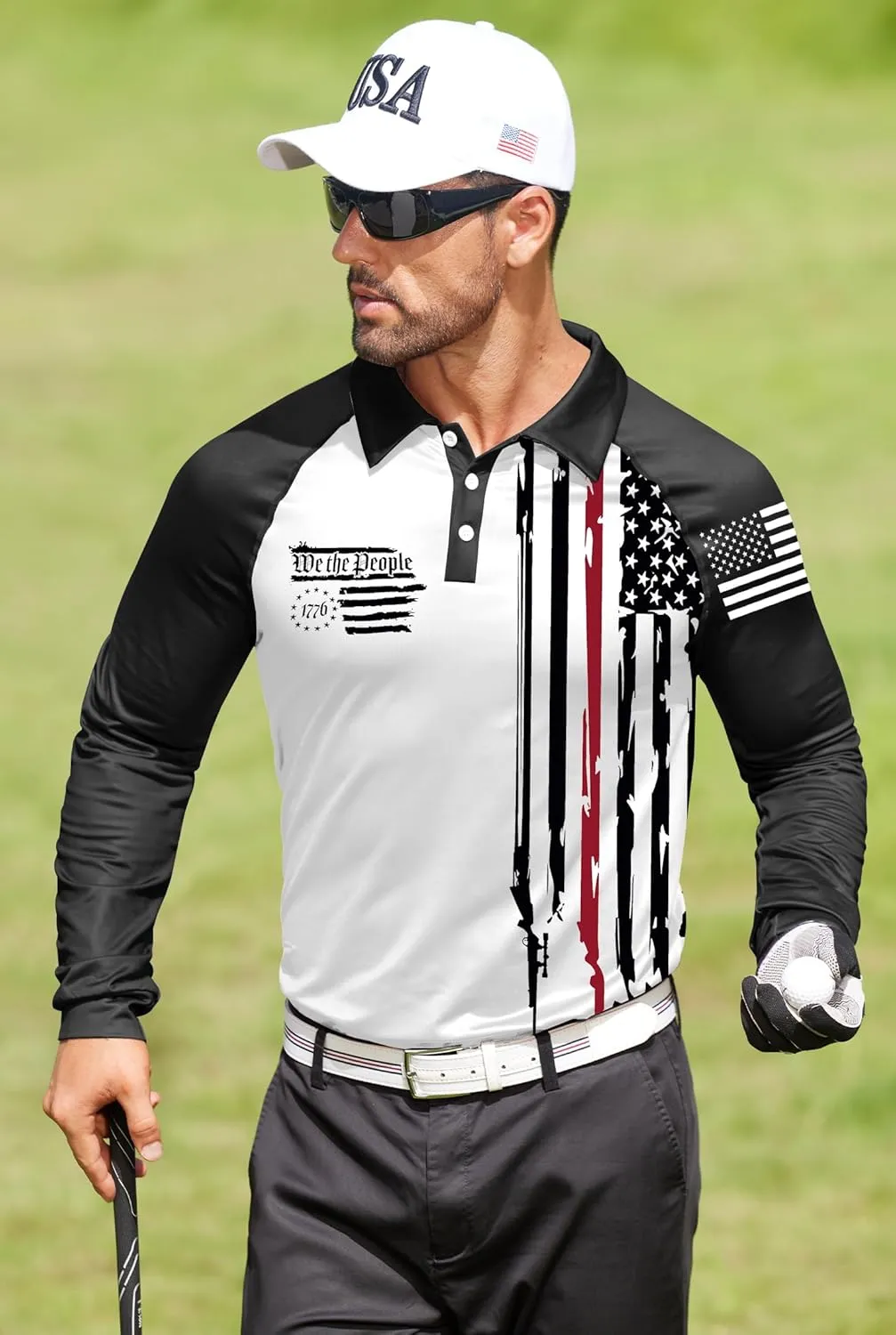 Mainfini Men's Long Sleeve 1776 Golf Shirt USA Flag Graphic Button Polo Shirt (S-3XL)