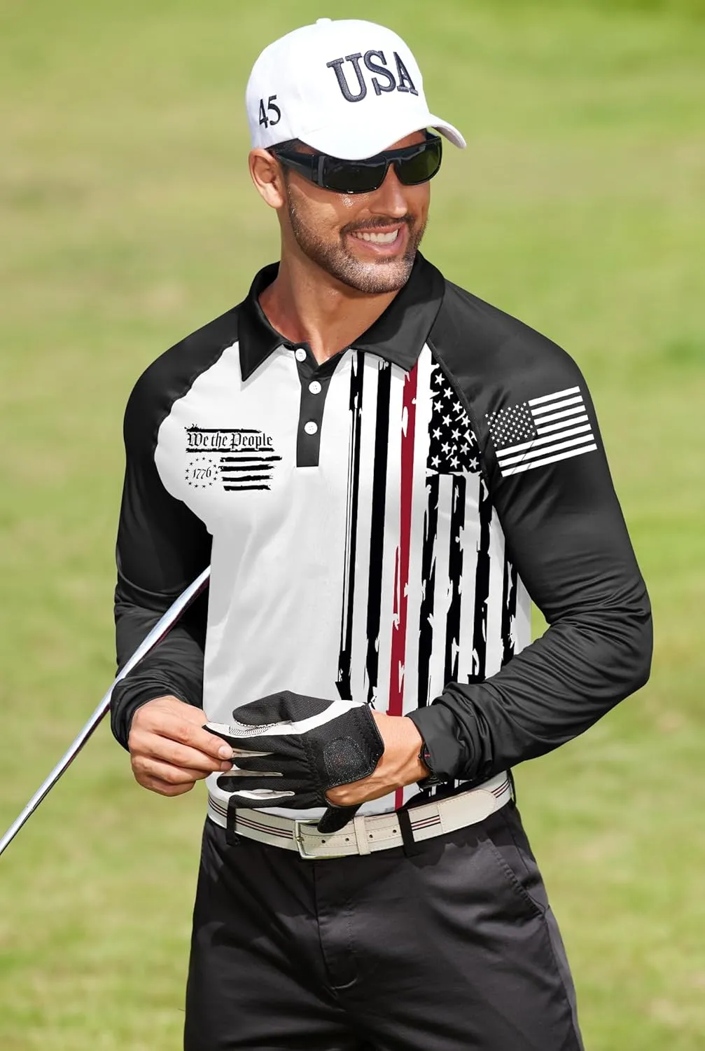 Mainfini Men's Long Sleeve 1776 Golf Shirt USA Flag Graphic Button Polo Shirt (S-3XL)