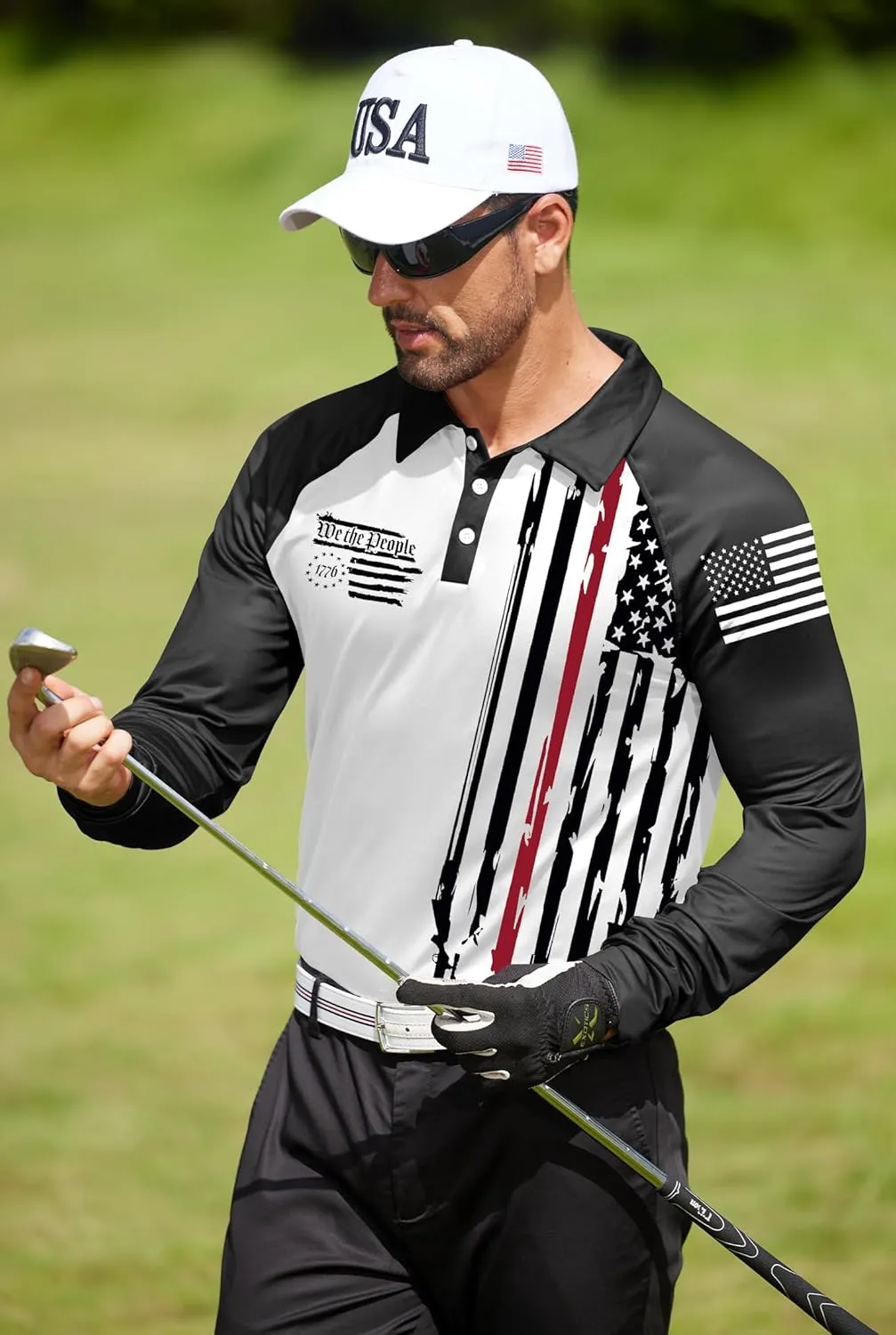 Mainfini Men's Long Sleeve 1776 Golf Shirt USA Flag Graphic Button Polo Shirt (S-3XL)