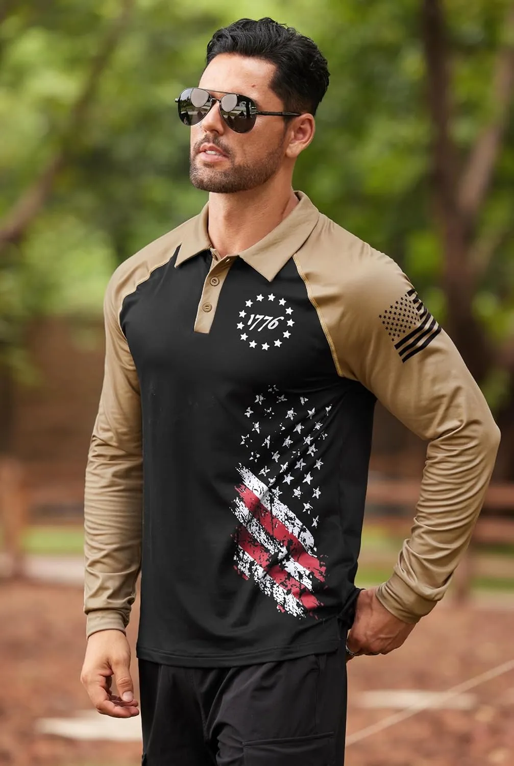 Mainfini Men's Long Sleeve 1776 Golf Shirt USA Flag Graphic Button Polo Shirt (S-3XL)