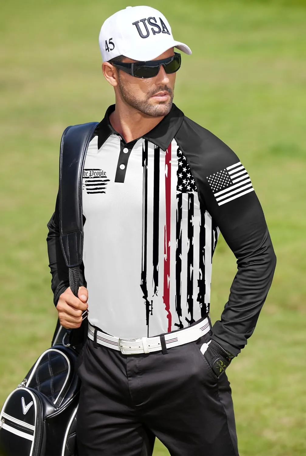 Mainfini Men's Long Sleeve 1776 Golf Shirt USA Flag Graphic Button Polo Shirt (S-3XL)