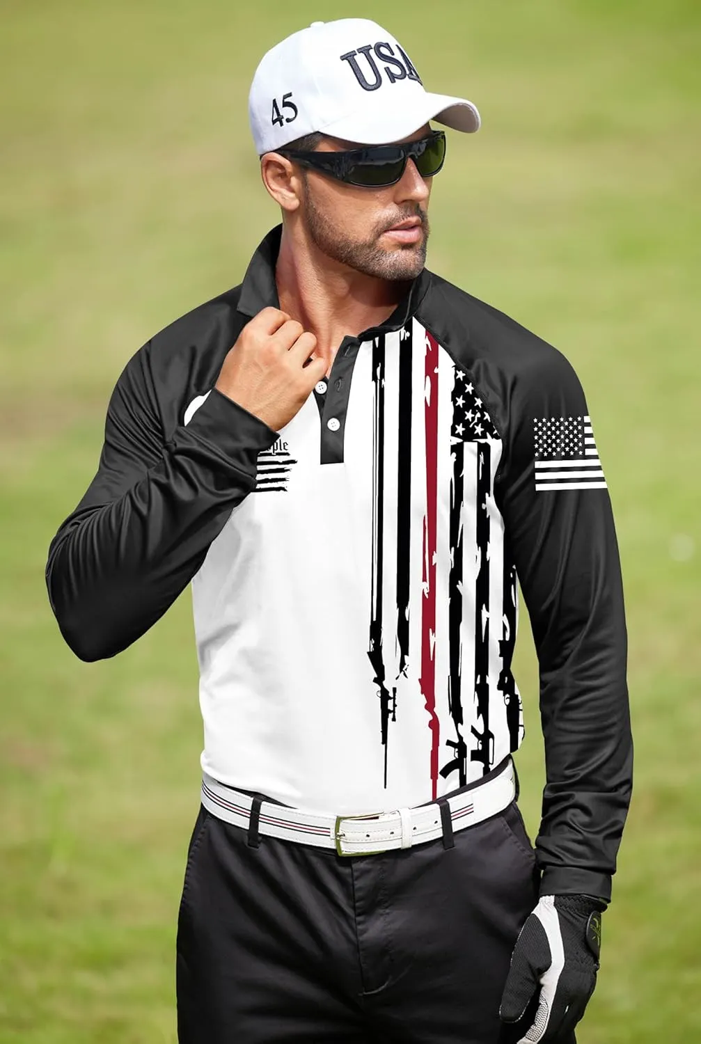 Mainfini Men's Long Sleeve 1776 Golf Shirt USA Flag Graphic Button Polo Shirt (S-3XL)