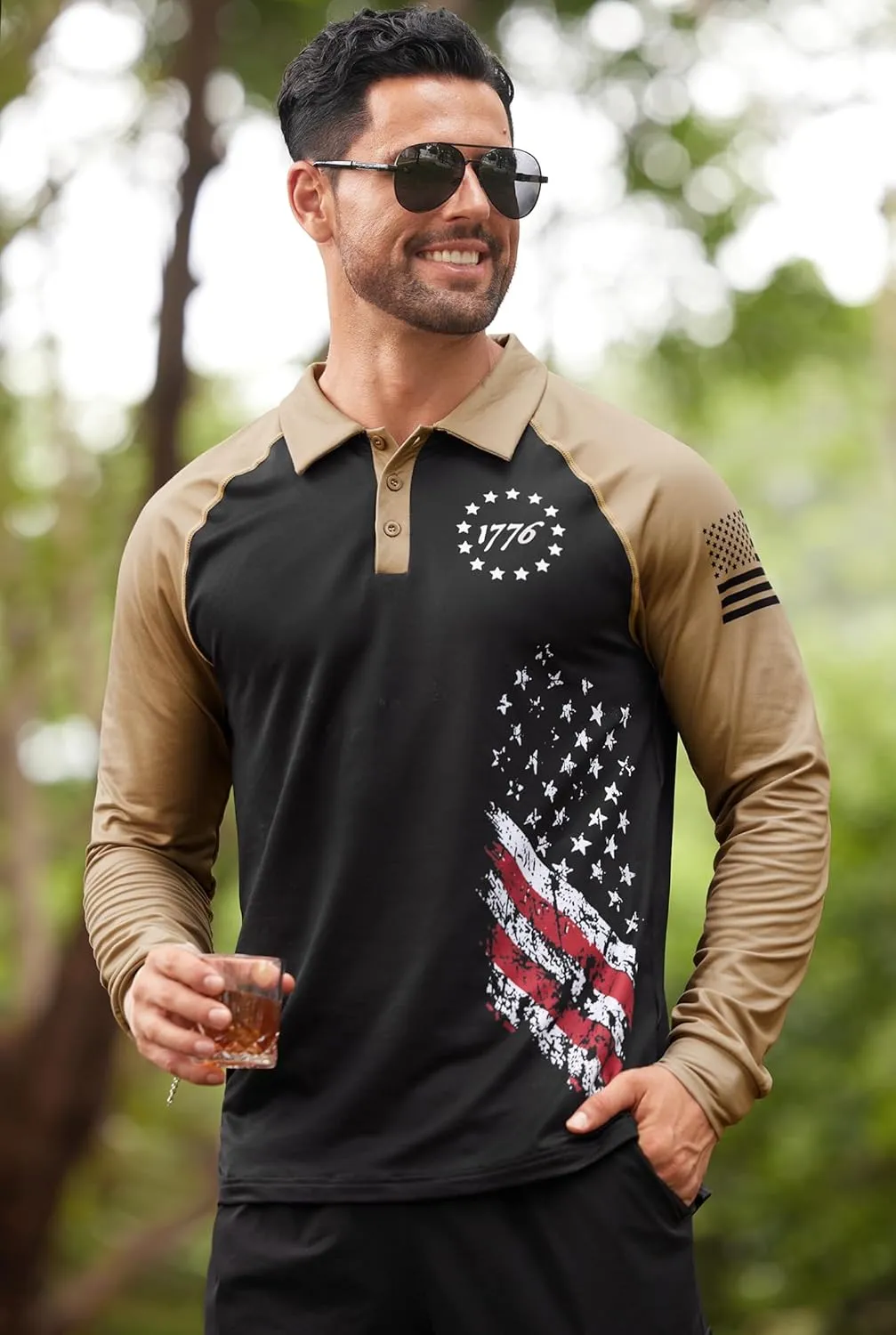 Mainfini Men's Long Sleeve 1776 Golf Shirt USA Flag Graphic Button Polo Shirt (S-3XL)