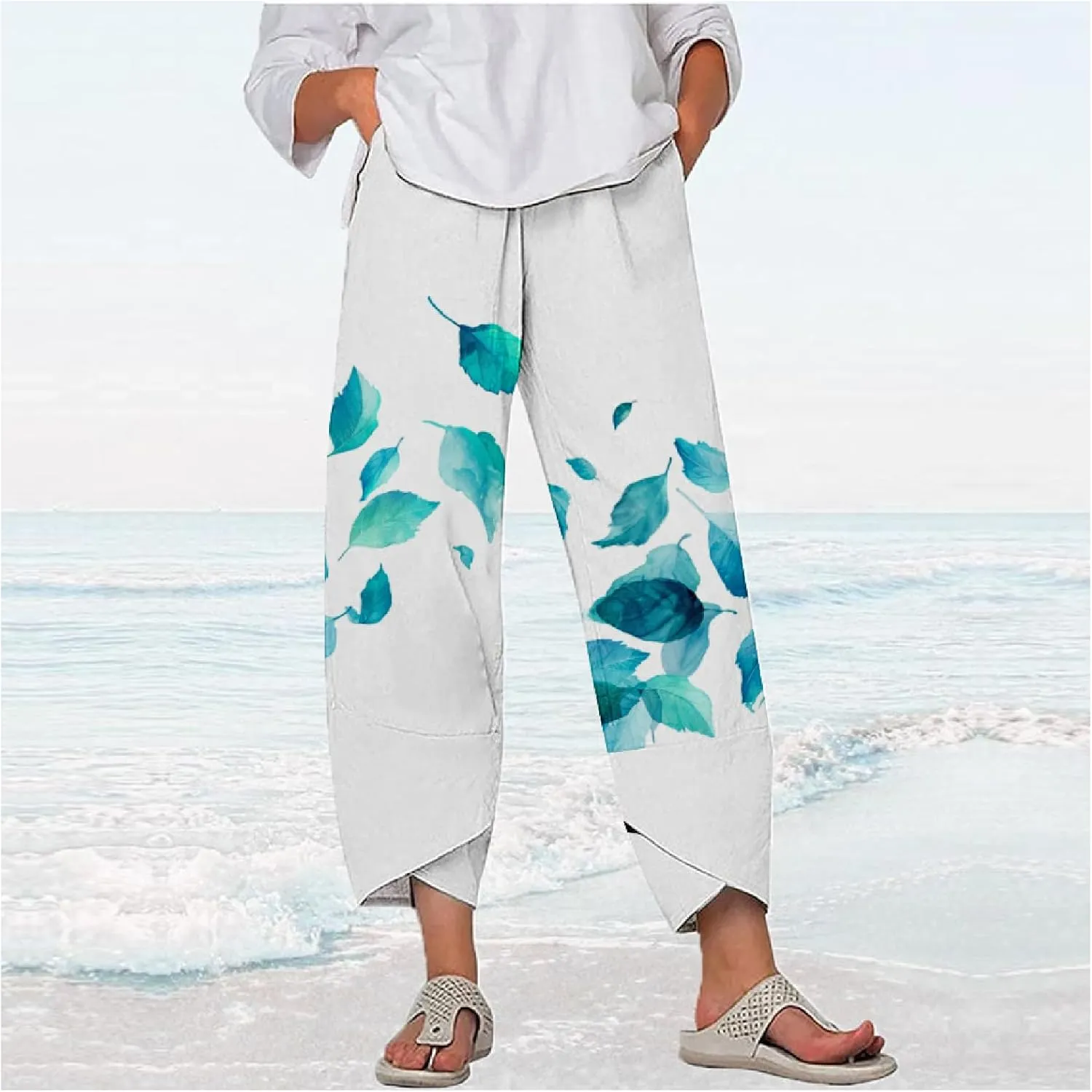 MARSVOVO Capri Pants for Women 2024 Summer Cotton Linen Hawaiian Leaf Print Baggy Wide Leg Cropped Pants with Pockets