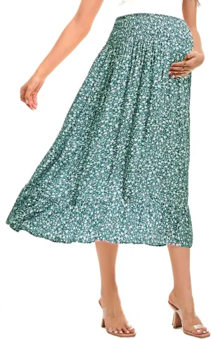 Maternity Dress Women's High Waist Floral Print Pleated Maxi Skirt Casual Flowy Swing A Line Long Skirts Dark Green-HY-Small
