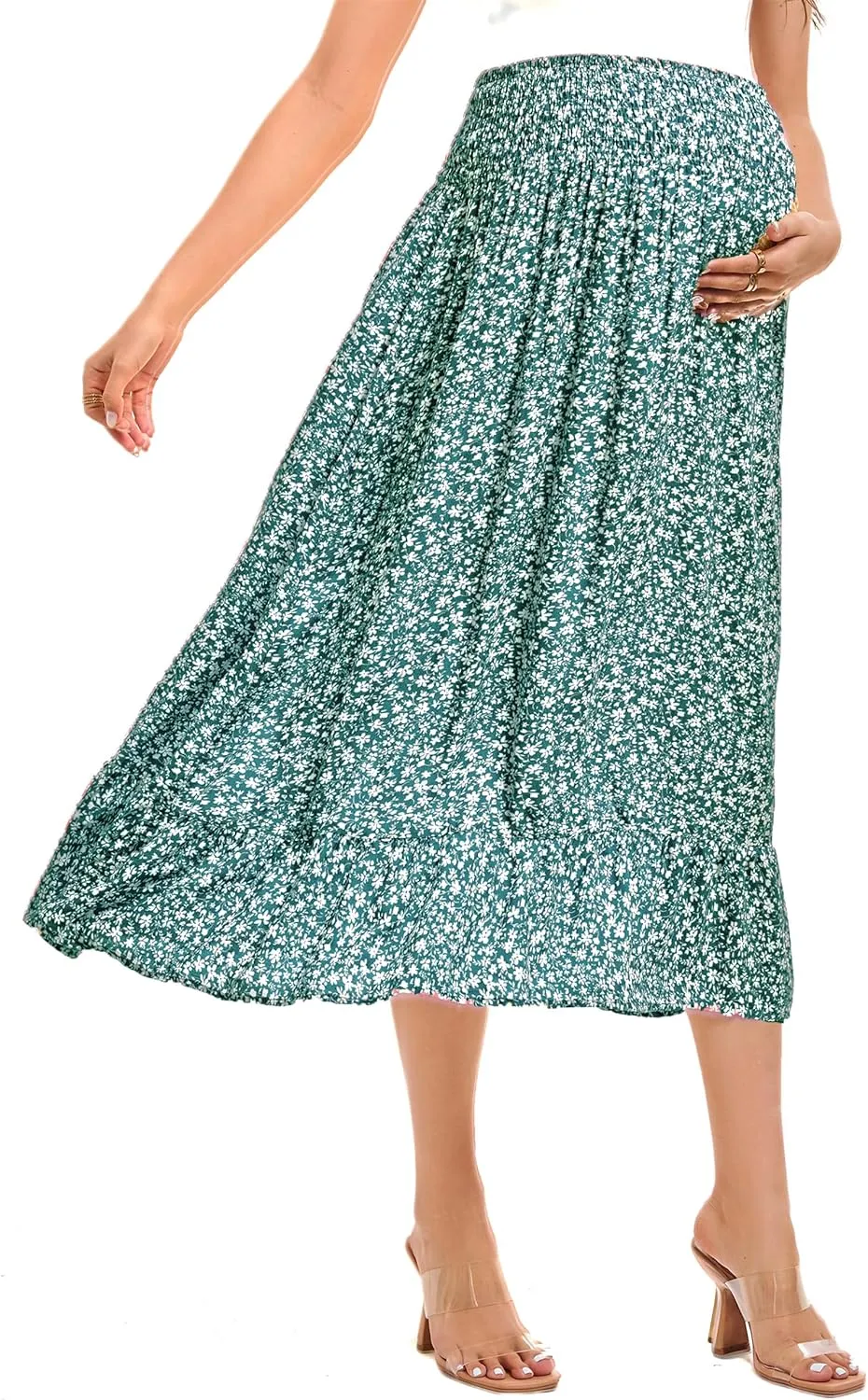Maternity Dress Women's High Waist Floral Print Pleated Maxi Skirt Casual Flowy Swing A Line Long Skirts Dark Green-HY-Small
