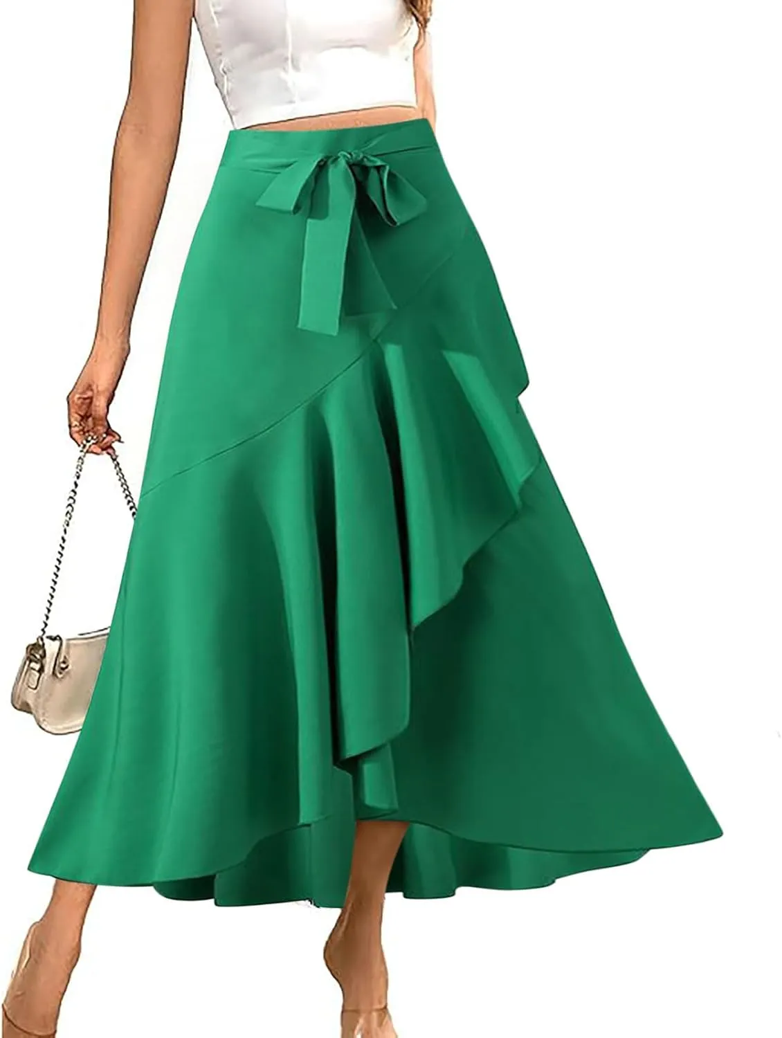 Maxi Skirt for Women Elegant High Waisted Side Slit Long Skirts Asymmetric Tiered Ruffle Hem A-Line Skirts