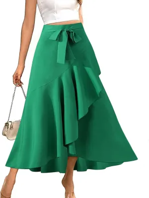 Maxi Skirt for Women Elegant High Waisted Side Slit Long Skirts Asymmetric Tiered Ruffle Hem A-Line Skirts