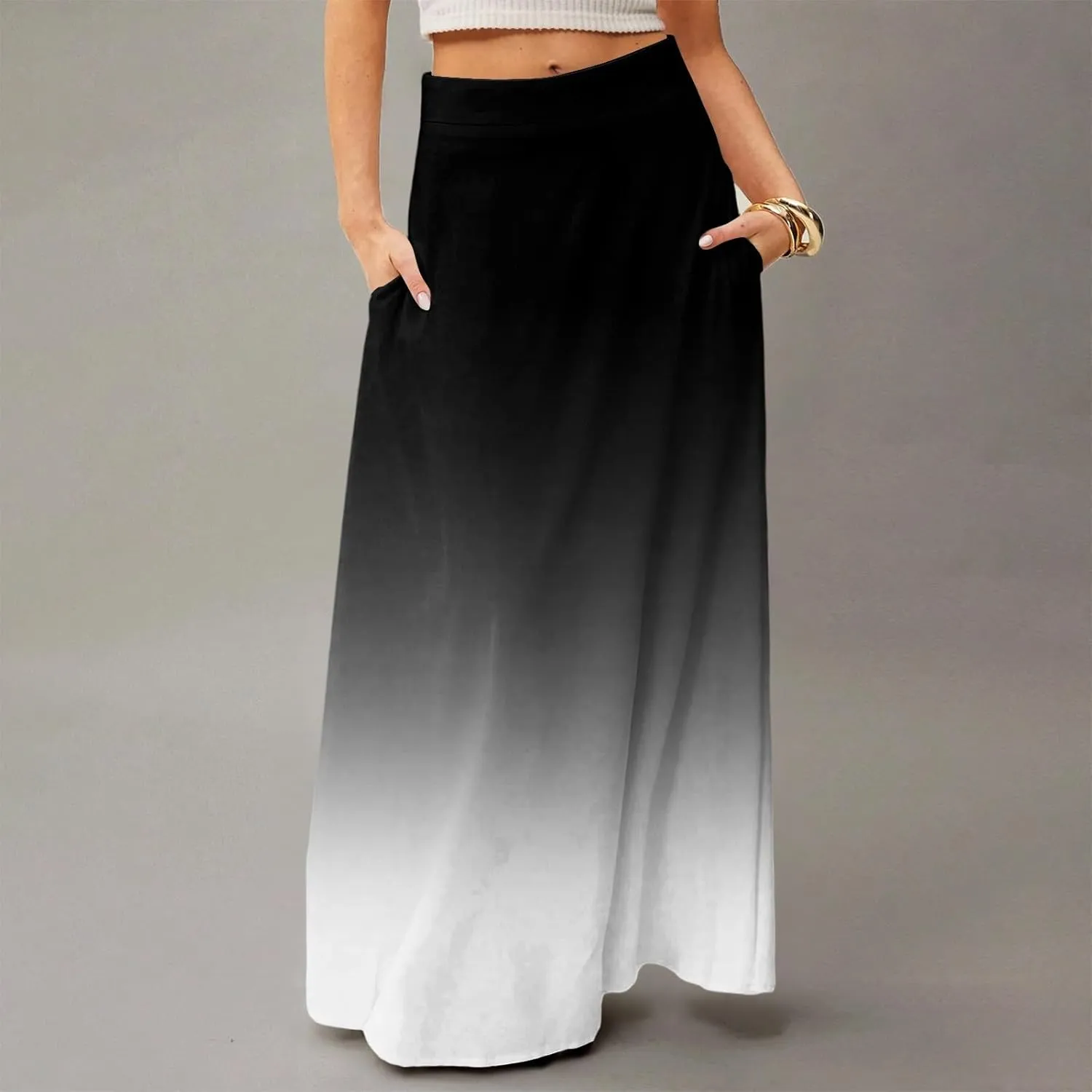 Maxi Skirts for Women Summer Floral Boho Elastic High Waist Tropical Skirts Pleated A-Line Flowy Swing Long Skirt