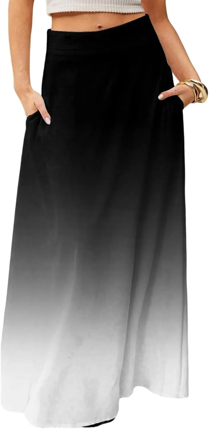 Maxi Skirts for Women Summer Floral Boho Elastic High Waist Tropical Skirts Pleated A-Line Flowy Swing Long Skirt