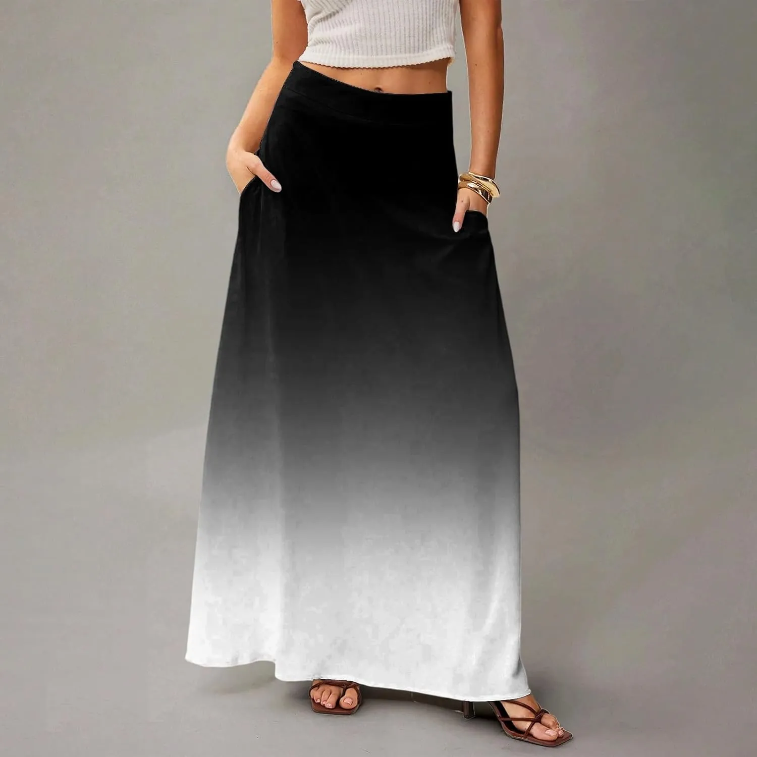 Maxi Skirts for Women Summer Floral Boho Elastic High Waist Tropical Skirts Pleated A-Line Flowy Swing Long Skirt