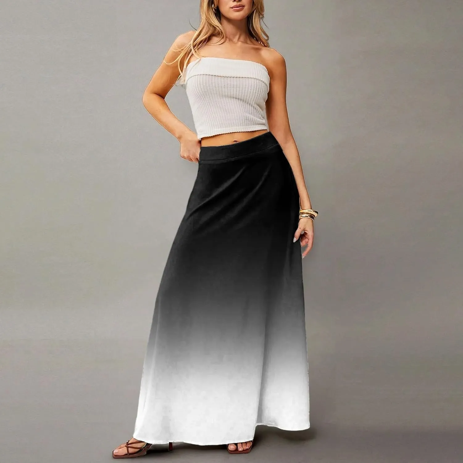 Maxi Skirts for Women Summer Floral Boho Elastic High Waist Tropical Skirts Pleated A-Line Flowy Swing Long Skirt