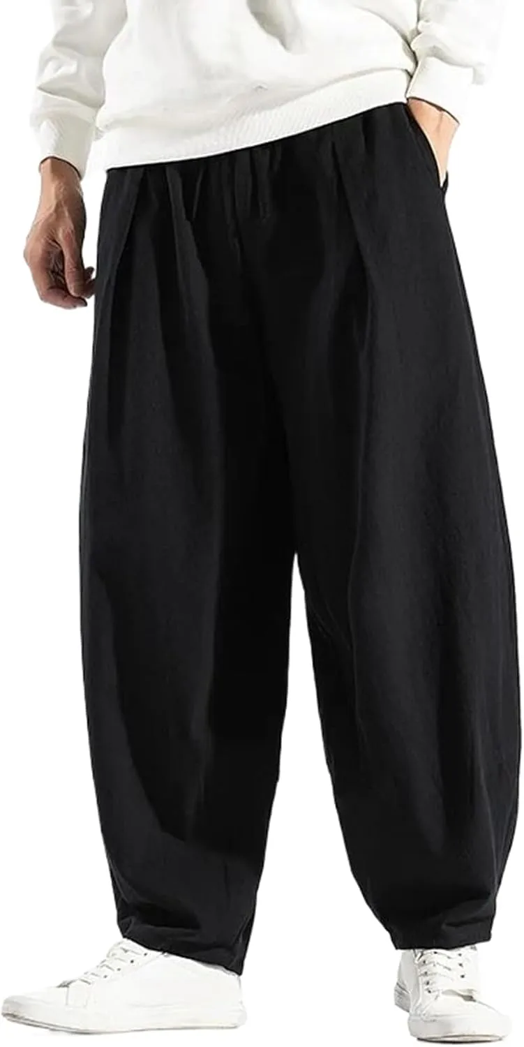 Men Korean Wide Leg Pants Mens Loose Casual Cotton Harem Pants Soild Color Japanese Joggers Linen Trousers