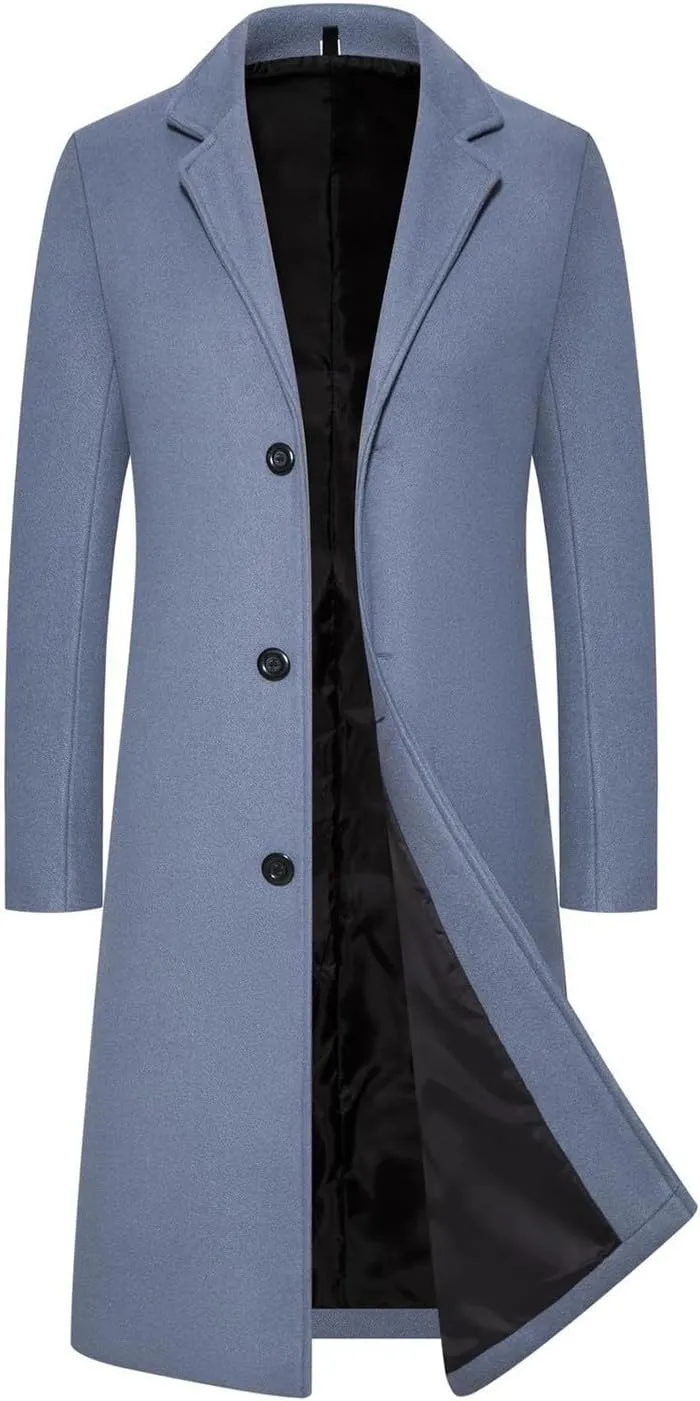 Men Winter Trench Jacket Casual Mid-Length Notched Neck Peacoat Loose Windproof Single Breasted Long Sleeve Overcoats