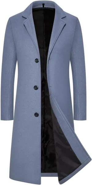 Men Winter Trench Jacket Casual Mid-Length Notched Neck Peacoat Loose Windproof Single Breasted Long Sleeve Overcoats