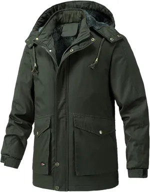 Men's Cargo Jacket 2024 Winter Warm Coats Fleece Lined Jackets with Removable Hood Ski Snow Mountain Windproof Overcoat