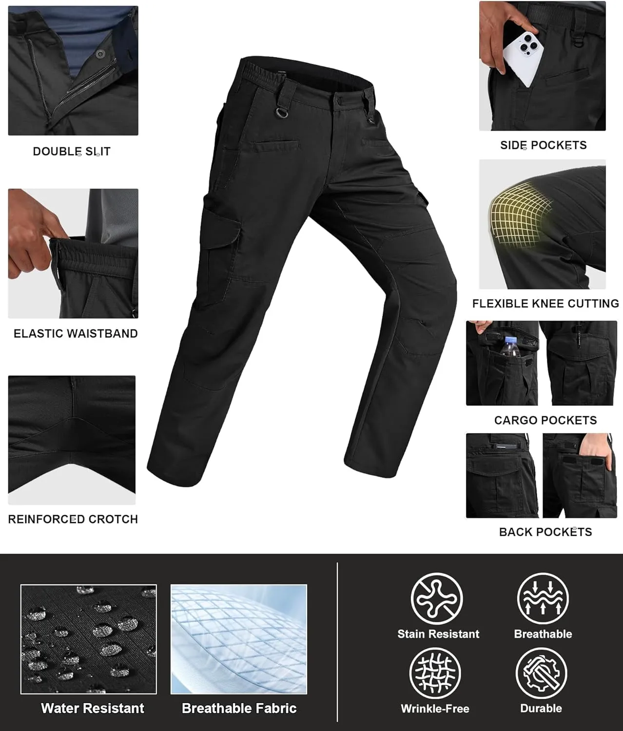 Men's Cargo Pants Ripstop Water Resistant Hiking Work Pants Outdoor Multi Pockets Army Tactical Pants (Not Belt)